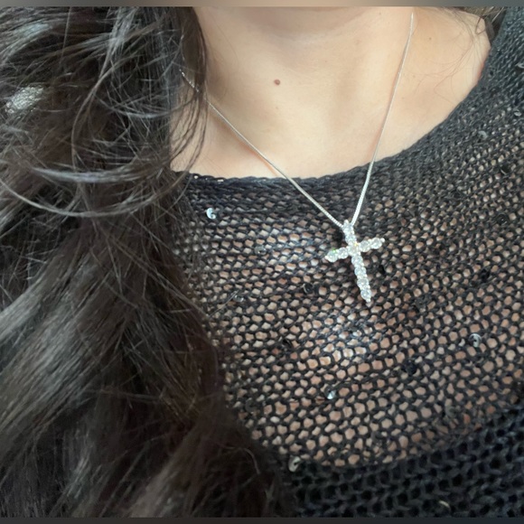 New Simulated Diamonds Sterling Silver 18” Classic Cross Pendant Necklace - Picture 3 of 6